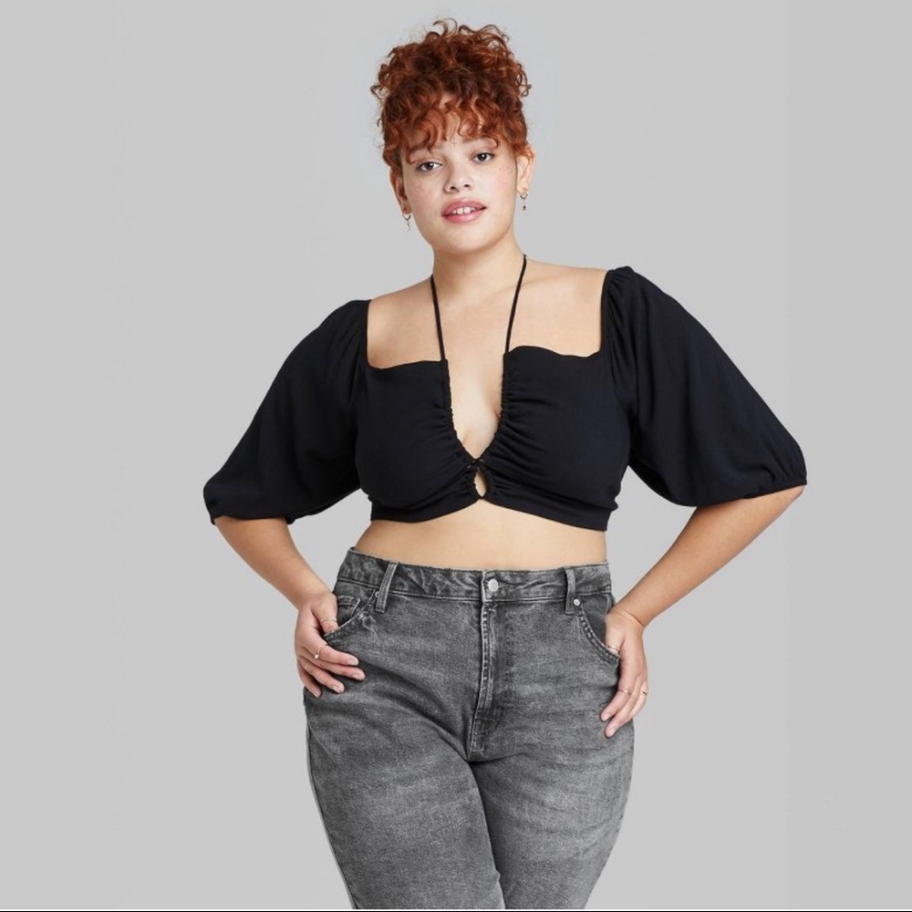 Womens plus size puff short sleeve woven top - black 4x